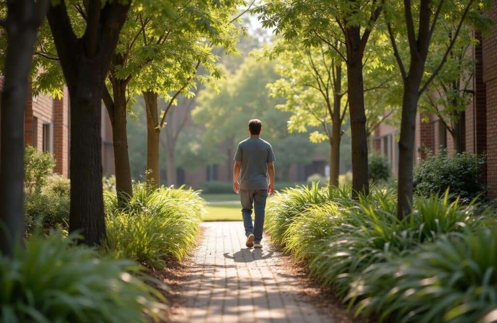 Calm posture of a person in a clean, modern residential detox hallway with a peaceful atmosphere.