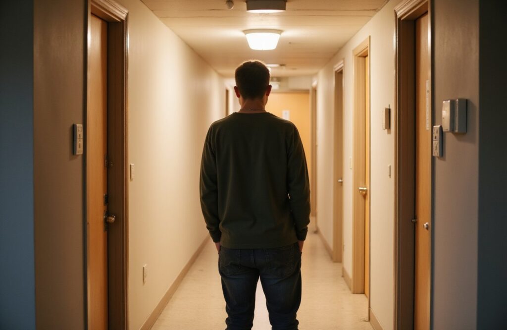 Person standing in a quiet, supportive residential hallway designed for comfort and recovery.