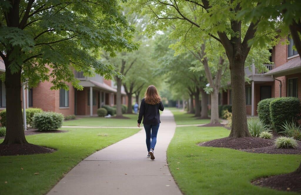 Person standing in a supportive residential detox environment with modern design and neutral tones.