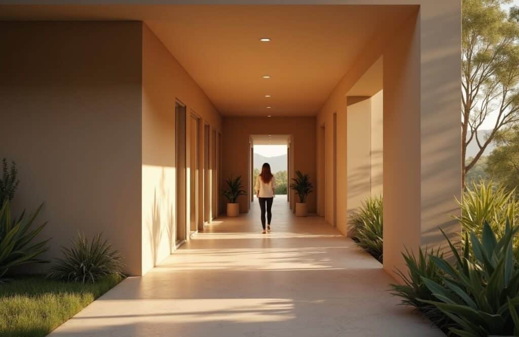 Person standing in a calm residential detox hallway with soft lighting and a clean, modern atmosphere.