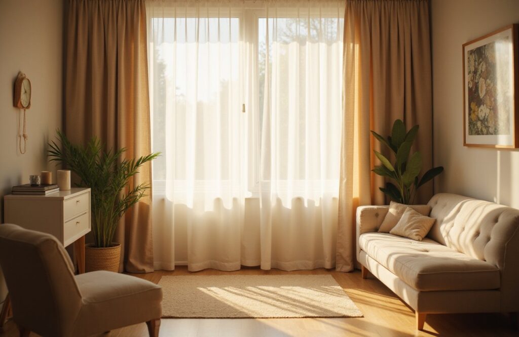 Bright, peaceful residential recovery room with sunlight casting soft shadows across modern minimalist furniture.