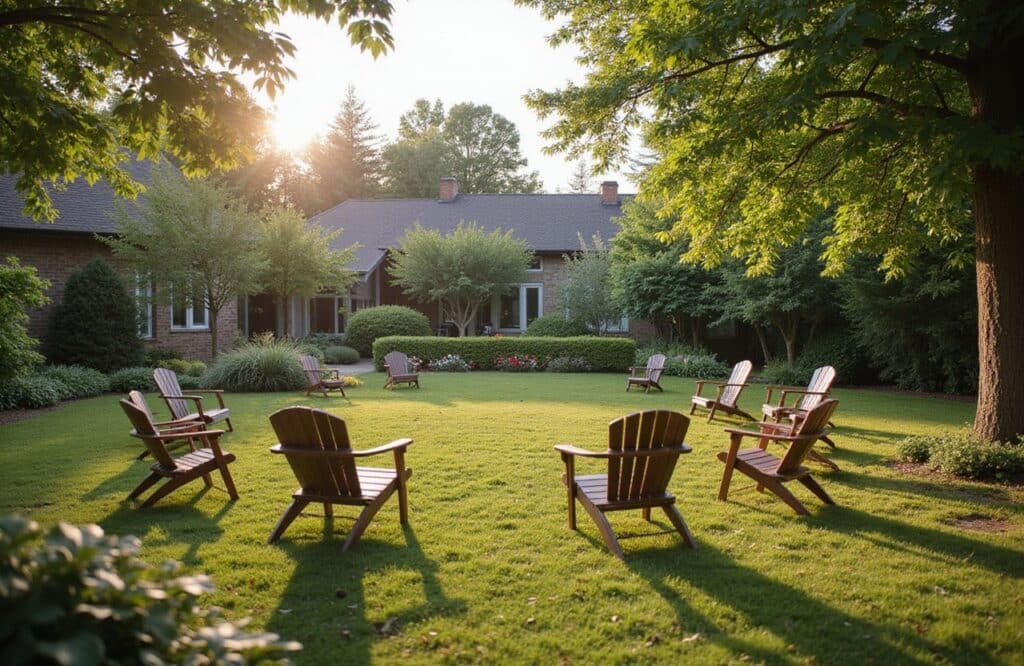 Outdoor residential gathering area with chairs in a circle surrounded by garden greenery and soft sunlight.