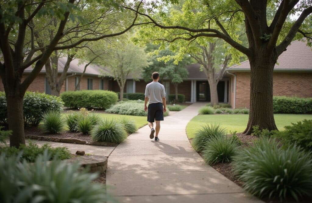 Person standing outside private detox rooms in a serene residential setting with soft lighting.