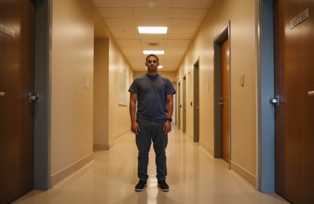 Person standing calmly in a softly lit residential hallway outside private detox rooms with warm neutral walls.