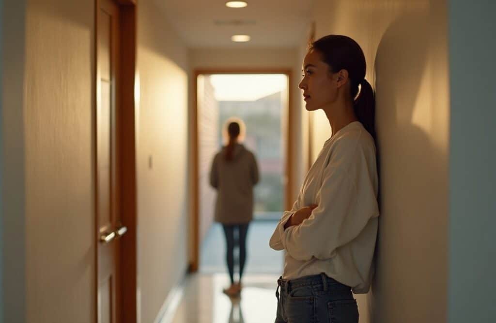 Calm individual in a warm, softly illuminated hallway of a residential detox facility.