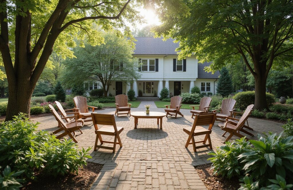 Quiet outdoor detox gathering space with circular seating in a landscaped garden setting.