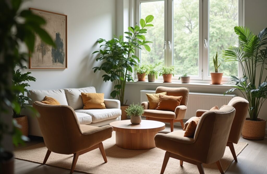 Cozy residential living room arranged for group discussion with chairs in a circle and soft natural light.