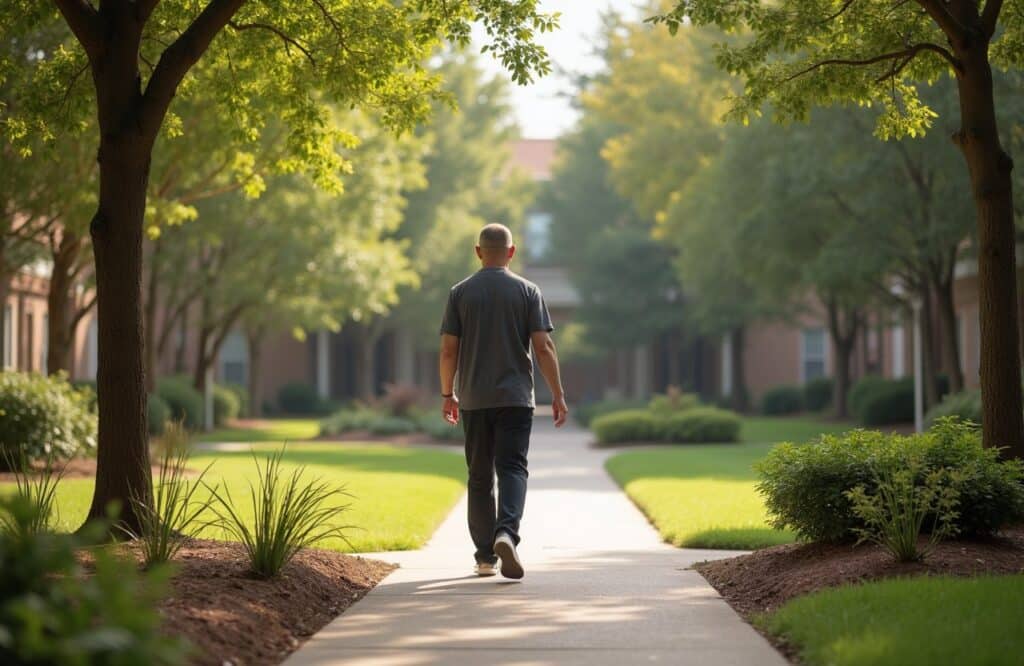 Individual in a tranquil residential detox corridor with warm walls and subtle natural light.